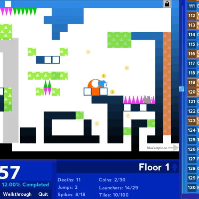 Achievement Unlocked 2 floor map with a blue elephant, green and pink spikes and the achievement list on the right