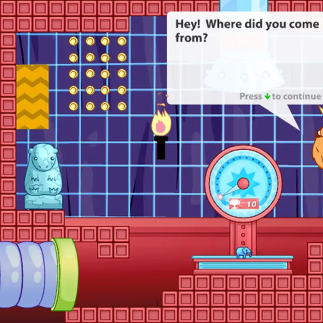 King Hamster in a gold crown greeting the small blue elephant in a red machine room in Achievement Unlocked 3