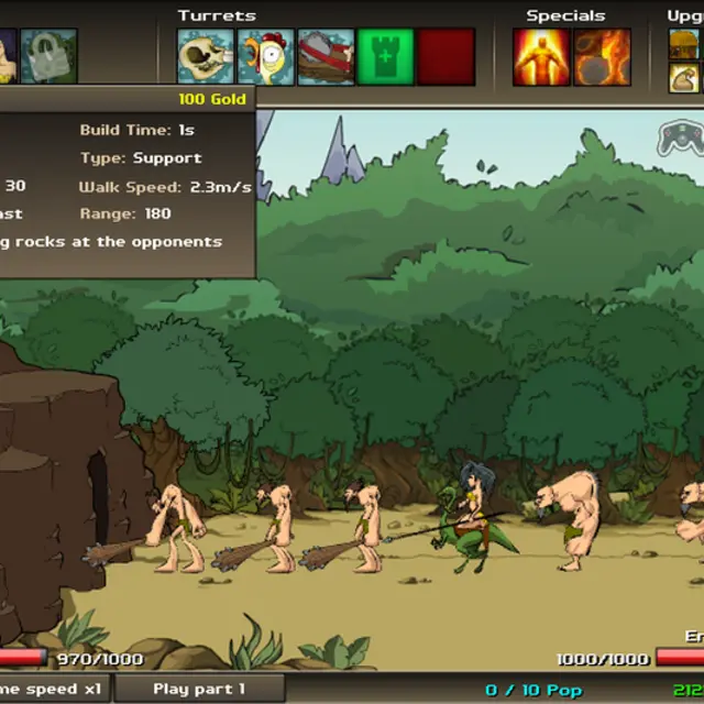 Age of War 2 stone-age battle: clubmen and a dinosaur rider clash in front of a rocky cave base