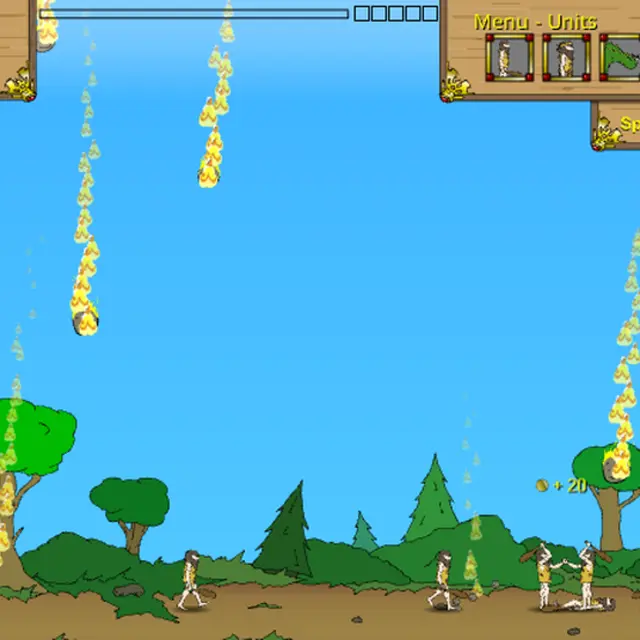 Age of War stone age battle with burning rocks falling on cavemen fighting in a forest