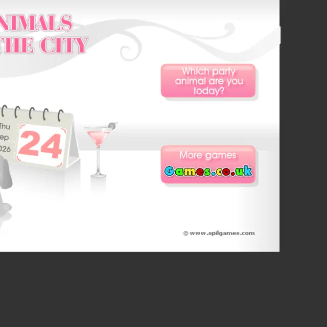 Pink quiz screen with a calendar, a cocktail glass and a small grey dog