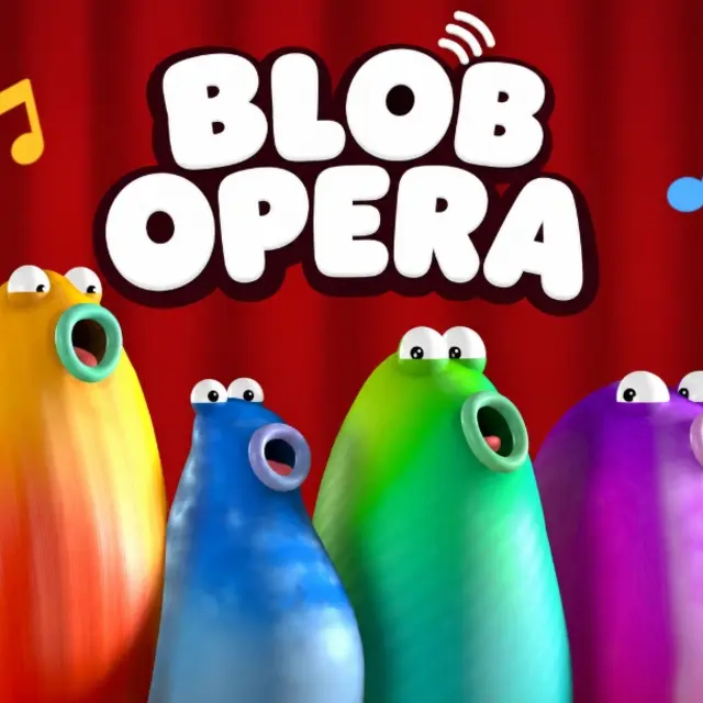 Four colourful round blobs singing side by side on an opera stage