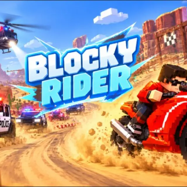 Blocky rider on a red motorbike racing along a desert road ahead of police cars