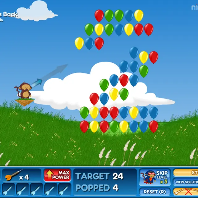 Bloons 2 Popping Fields level: a monkey on a floating rock aims at a big number 2 made of coloured balloons