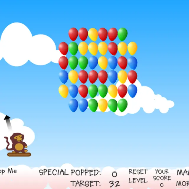 Bloons level one: a block of red, yellow, green and blue balloons in the sky above a brown monkey on a plank