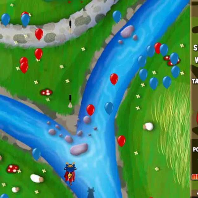 Bloons Super Monkey: a caped monkey flies over a river valley under rows of blue balloons
