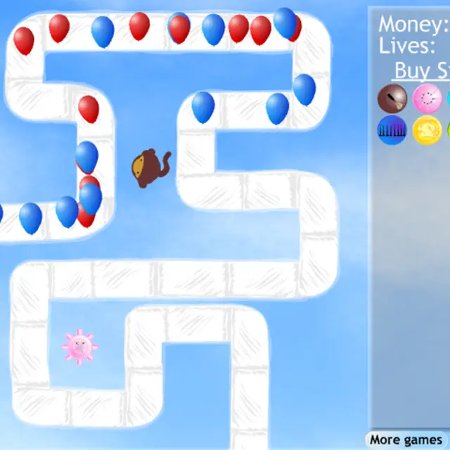 Bloons Tower Defense 2 round 4 with red and blue balloons along a white cloud path in a blue sky