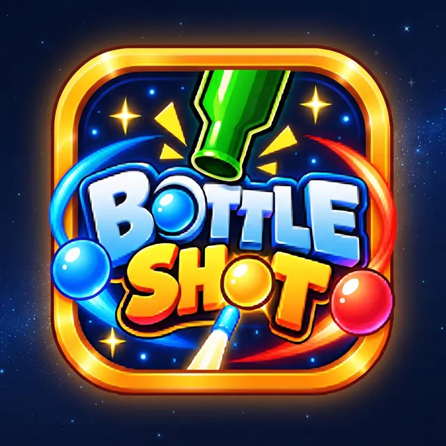 Bottle Shot icon with a green bottle and glowing balls on a starry sky