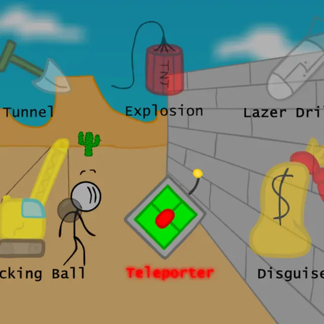 Henry Stickmin next to a grey bank wall in the desert, surrounded by six labelled options from Tunnel to Disguise