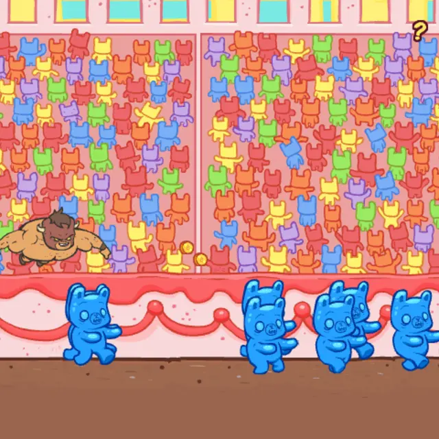 Burrito Bison flying over a crowd of jelly bears in the Candy Land stadium