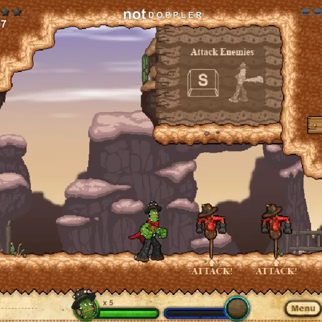 Cactus McCoy standing in a desert canyon next to two straw training dummies under a carved rock sign that says Attack Enemies