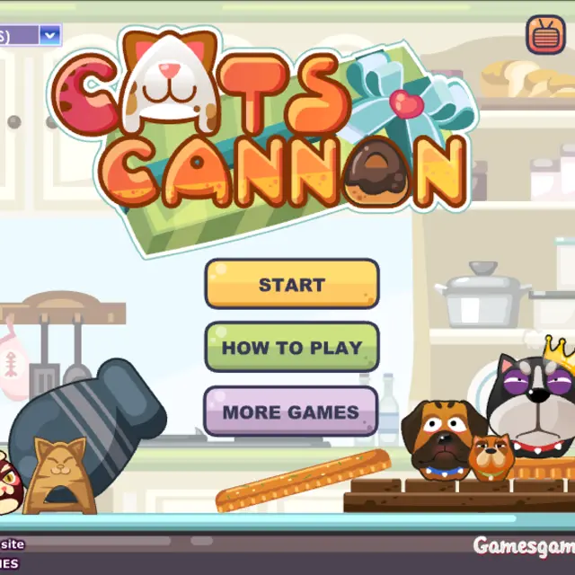 Cartoon cats lined up beside an iron cannon on a cafe counter