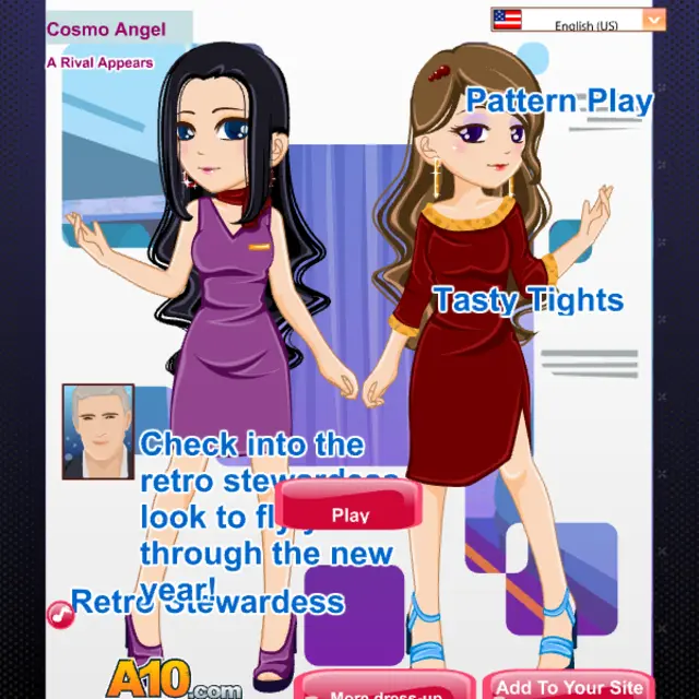 Two cartoon models, one in a burgundy stewardess dress, standing hand in hand in an aircraft cabin
