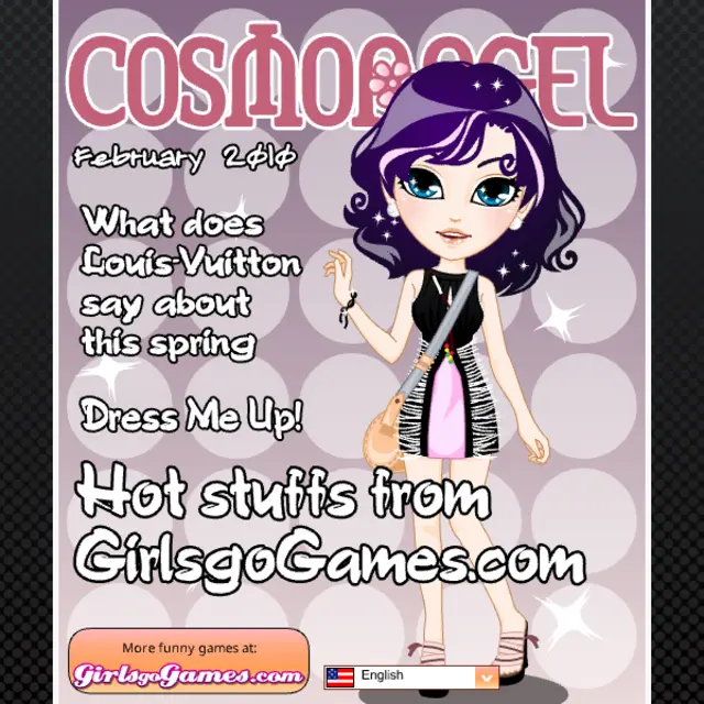 Violet-haired cartoon model on a lilac magazine cover dated February