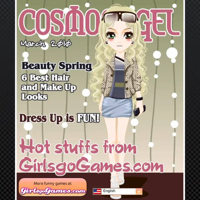 Cartoon model with pale gold ringlets and sunglasses on her head on an olive March cover