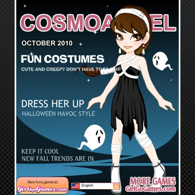 Brunette cartoon model in a black mummy-wrap dress with ghosts on a navy October cover