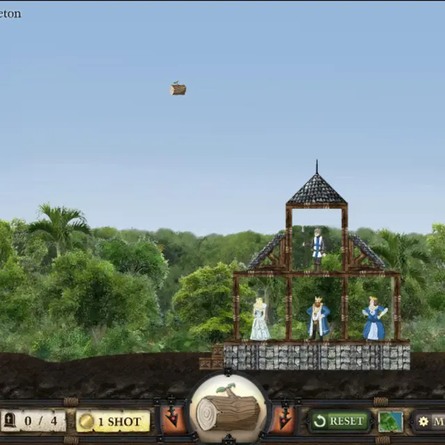 Crush the Castle 2 jungle level with a log flying toward a wooden fort on a stone base