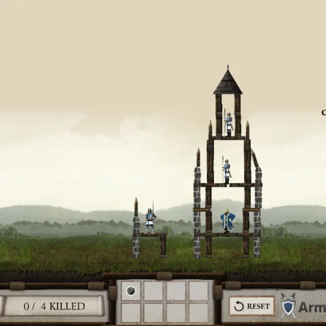 Crush the Castle first level with a wooden tower full of guards on a grassy field