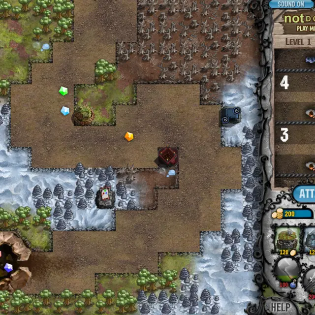Cursed Treasure Level Pack first map with a Den on grass, a Crypt on snow and dropped gems on the dirt road above the gem cave