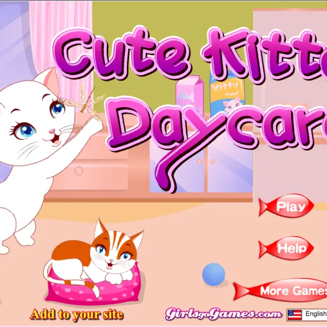 Ginger and white kitten sitting in a room with a pink bed, a bath tub and a needs panel