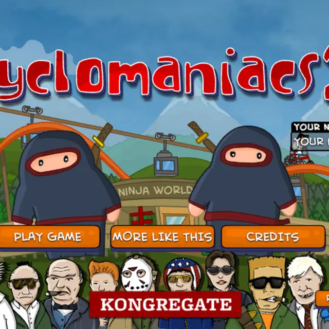 Cyclomaniacs 2 main menu with two ninja riders in front of a theme park rollercoaster