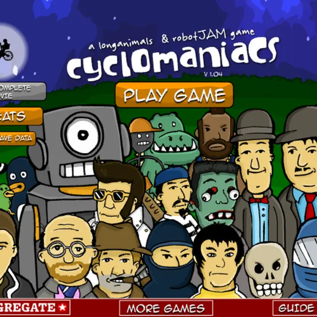 Cyclomaniacs title screen with a crowd of cartoon riders including a robot, a pirate and a skeleton
