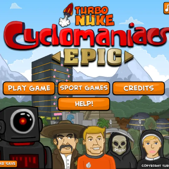 Cyclomaniacs Epic main menu with a bear, a robot and other riders in front of a city skyline