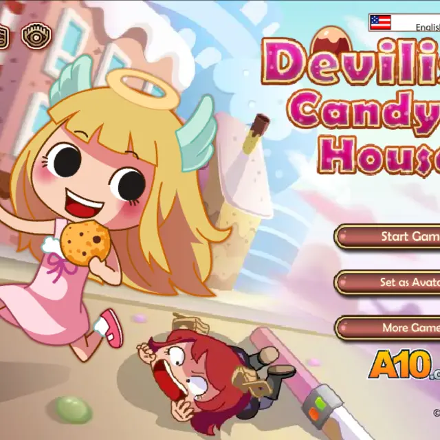Cake-layer level with a hanging cookie, a lever, a devil girl on a ledge and an angel girl below