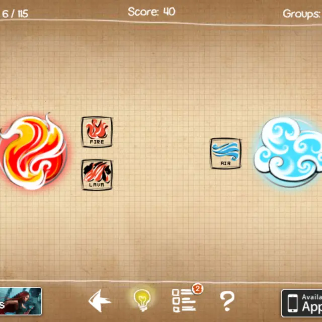 Doodle God board with the fire group open beside lava and an air cloud
