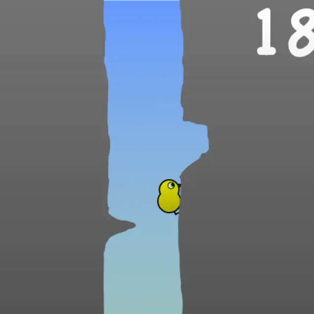 Duck Life 2 climbing training: a yellow duck clinging to a grey canyon wall under a blue sky strip