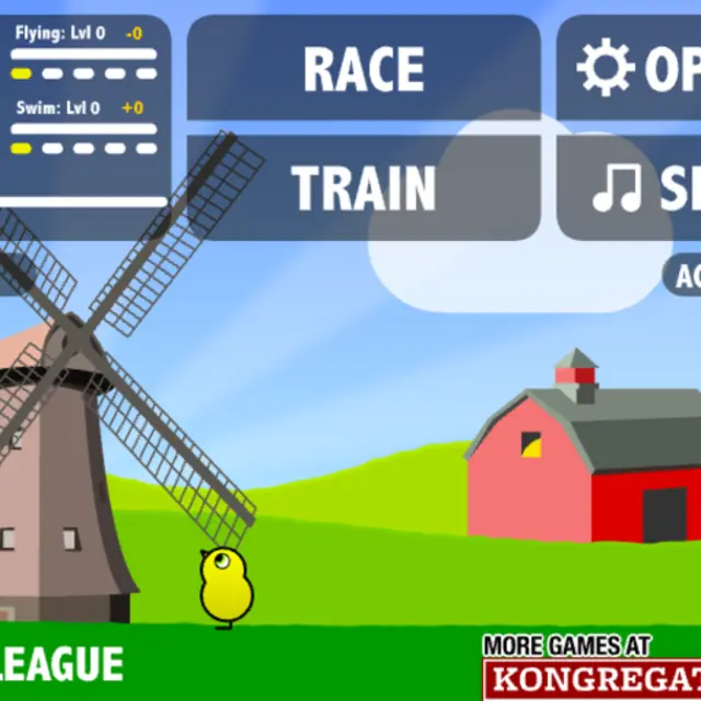 Duck Life 3 farm screen with a windmill, a red barn, seed dispensers and a small yellow duck