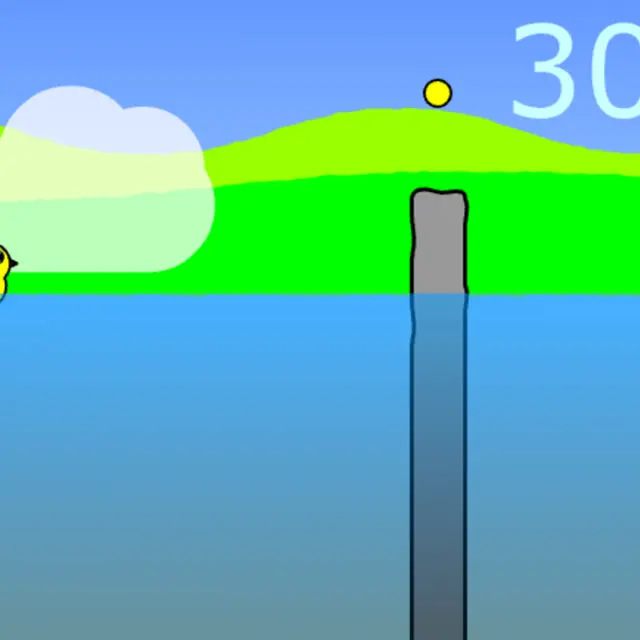 Duck Life swimming training: a yellow duckling on a blue lake next to a grey stone post