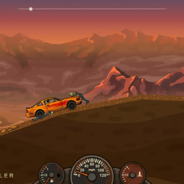 Orange muscle car with flame decals driving uphill through a red canyon with zombies under the wheels
