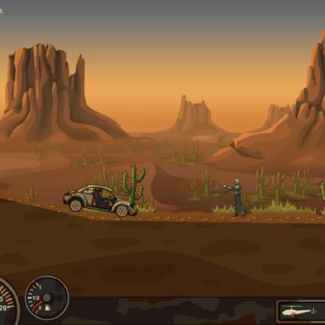 Rusty hatchback driving down a desert slope toward a zombie, with speed and fuel gauges below