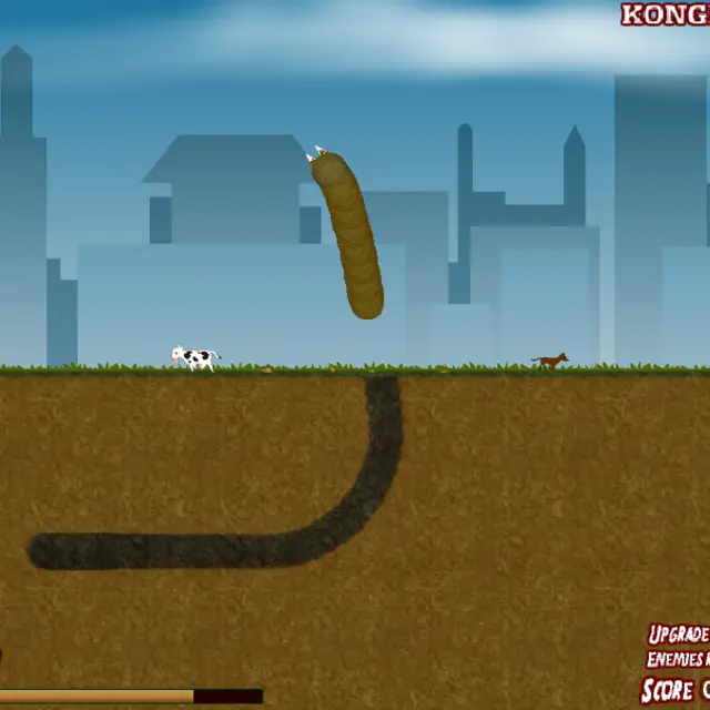 Effing Worms giant worm arcing through the air over a city skyline above its tunnel, with a cow and a dog on the grass