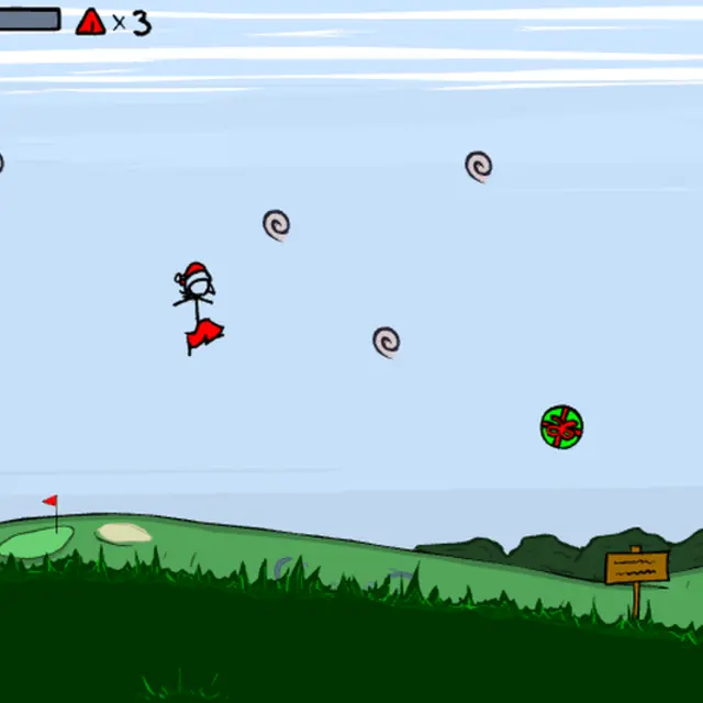 Fancy Pants Man in red jumping above dark green hills toward floating swirl collectibles in a pale blue sky