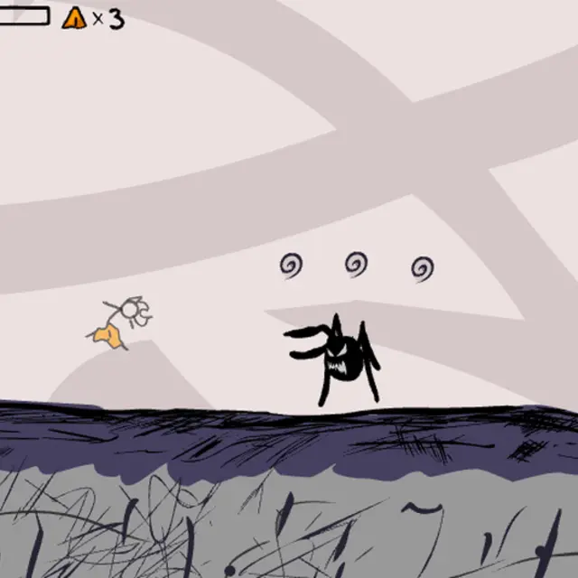 Fancy Pants Man leaping over purple grass while a black spider waits below a row of swirl collectibles