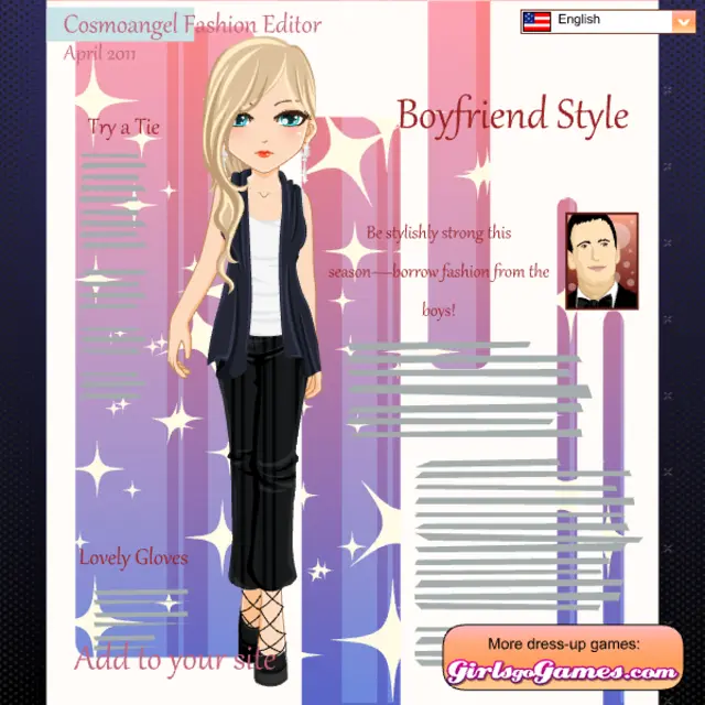 Blonde cartoon model in a black waistcoat and trousers on a pink and purple April cover