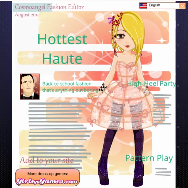 Blonde cartoon model in a sheer pink bow dress and patterned tights on a peach August cover
