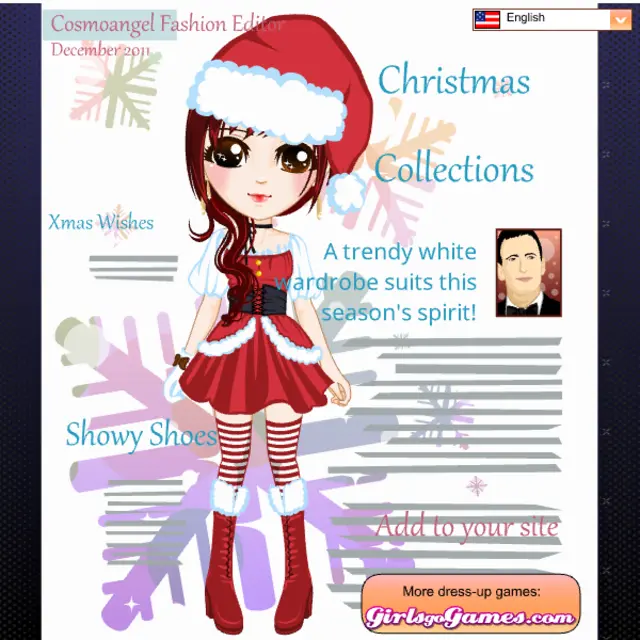 Auburn-haired cartoon model in a Santa-style dress and striped stockings on a snowflake cover