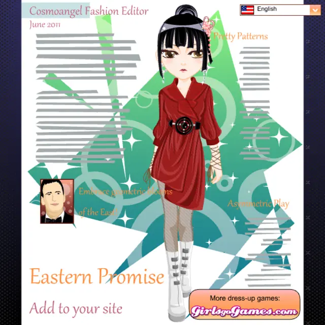 Black-haired cartoon model with a bun in a red wrap dress on a green and teal June cover