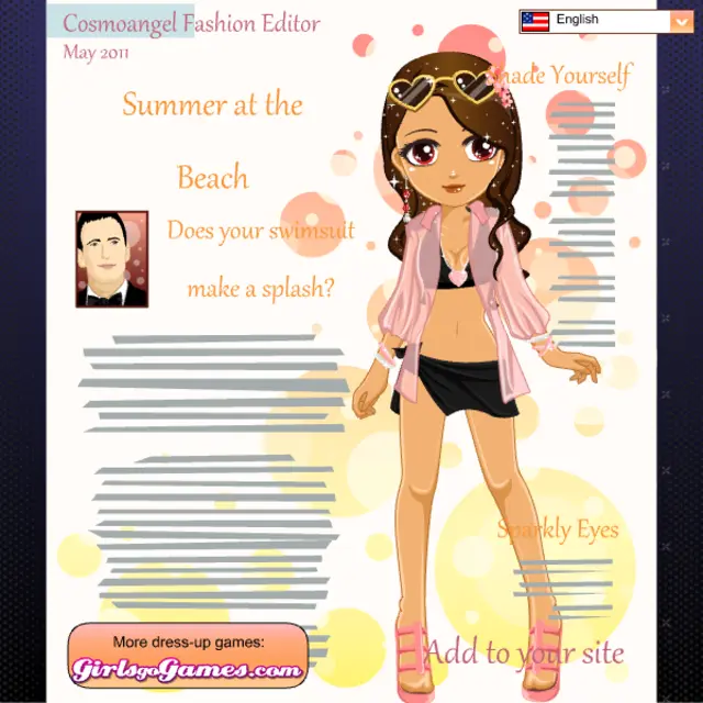 Tanned cartoon model with heart sunglasses and a pink beach shirt on a sunny May cover