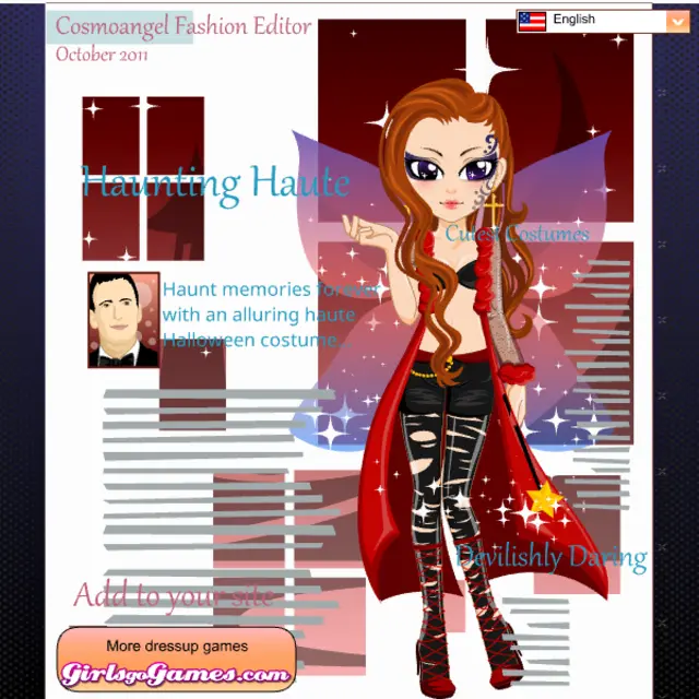 Cartoon model with fairy wings, a red cape and face paint in front of a red castle night
