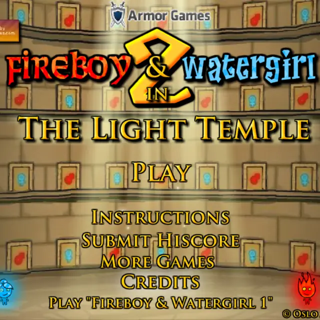 Fireboy and Watergirl 2 main menu in the golden Light Temple
