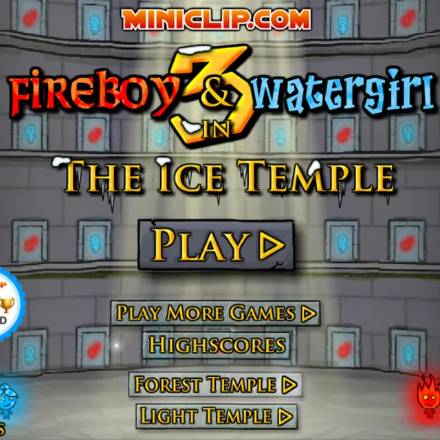 Fireboy and Watergirl 3 main menu in the frosty Ice Temple