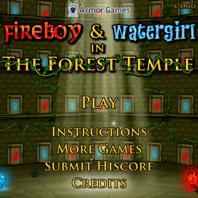 Fireboy and Watergirl in the Forest Temple main menu with both heroes in a vine-covered temple