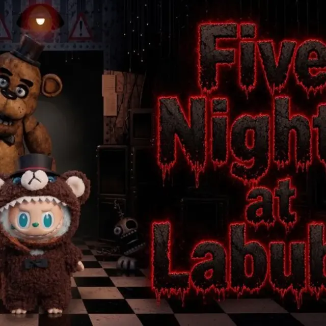Small furry creature in a bear hood standing in a dark checkered hallway