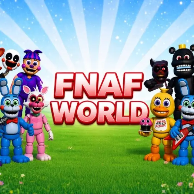 Cartoon animatronic characters standing in a colourful grassy overworld