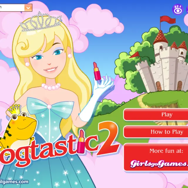 Blonde princess in a tiara holding pink lipstick beside a yellow striped frog and a castle