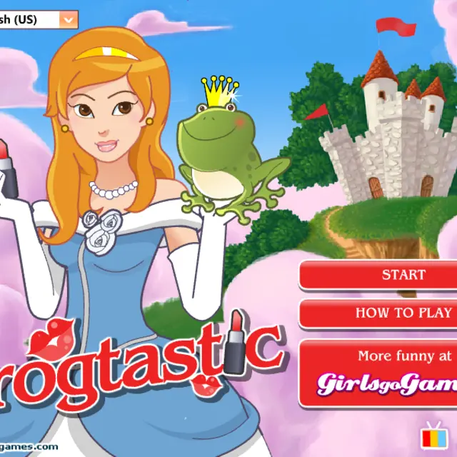 Orange-haired princess holding lipstick next to a crowned green frog and a castle